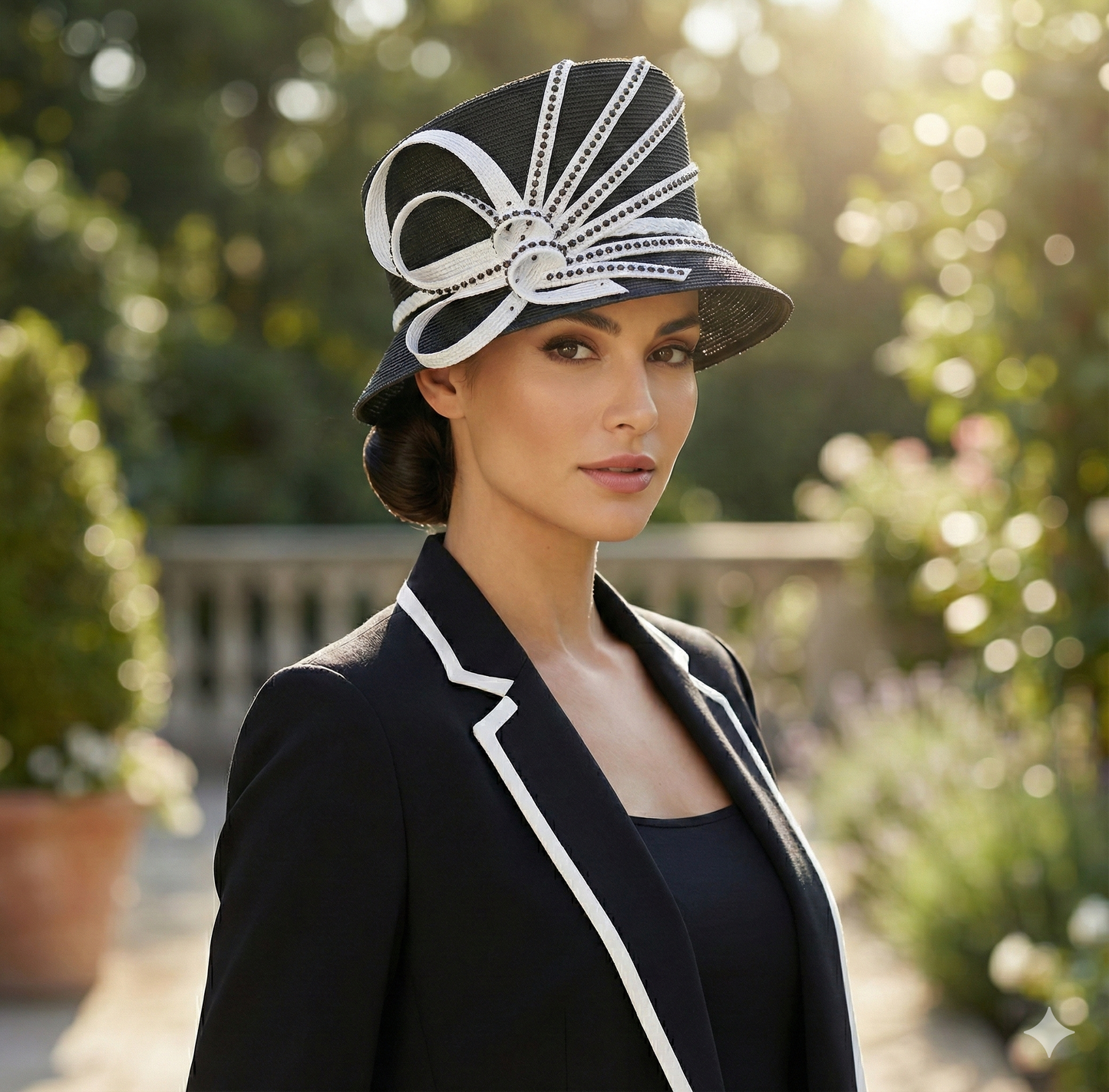 T1102 - Wide Brim Floral Hat: White/black