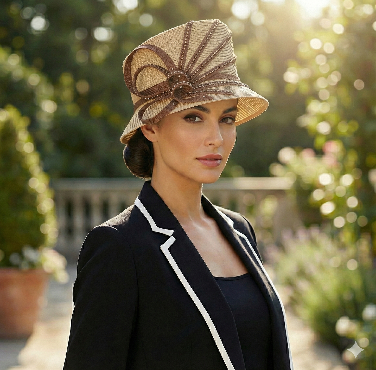 T1102 - Wide Brim Floral Hat: White/black