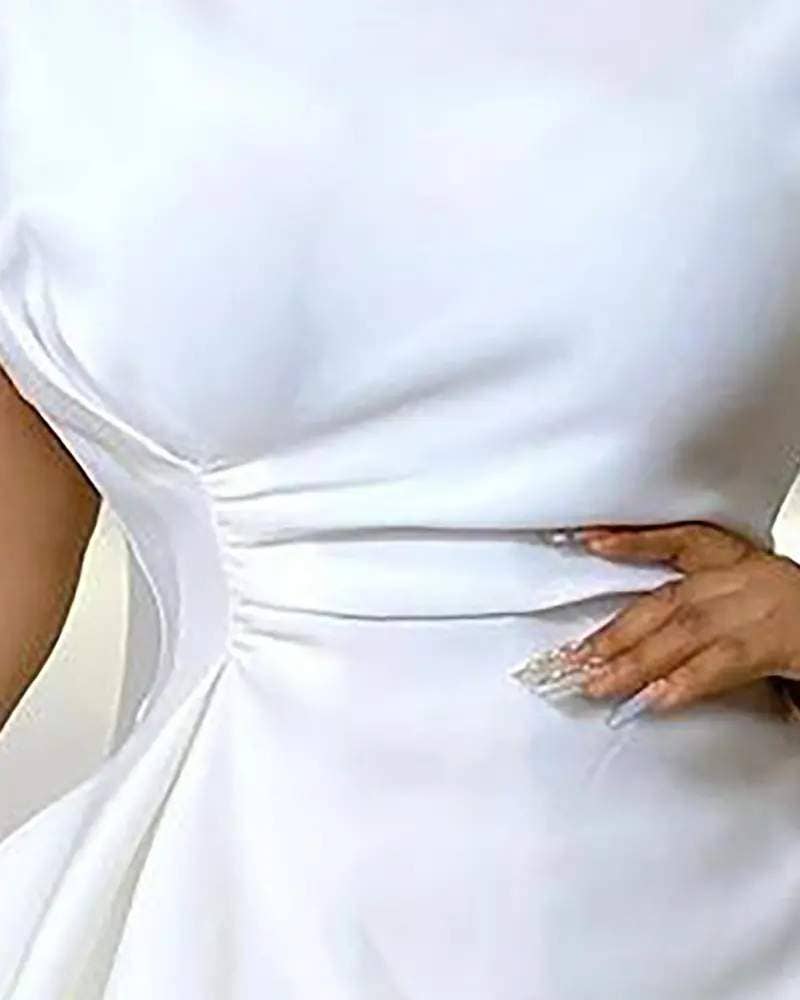 Round neck short sleeve slit work dress: WHITE / 1-1-1-1 / S-M-L-XL